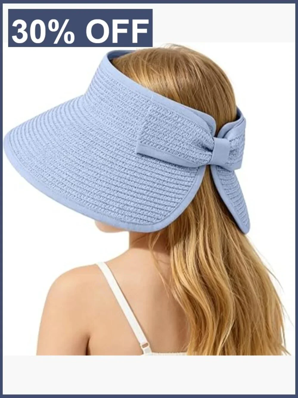 Girls Straw Sun Visor Hat Wide Brim Ponytail Beach Bow Foldable Packable Summer